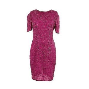 Joan Leslie 1980s Vintage Fuchsia Pink Beaded Silk Cocktail Evening Dress Size 8